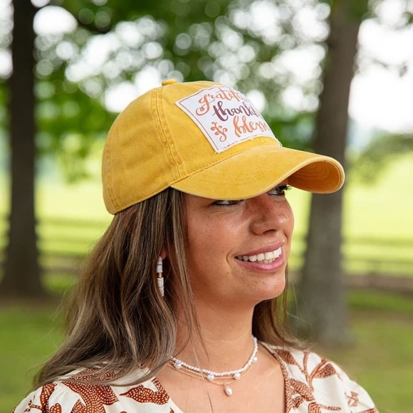 Yellow Cap with Inspirational Embroidery Mustard Thankful Patch Hat - Picture 2 of 10